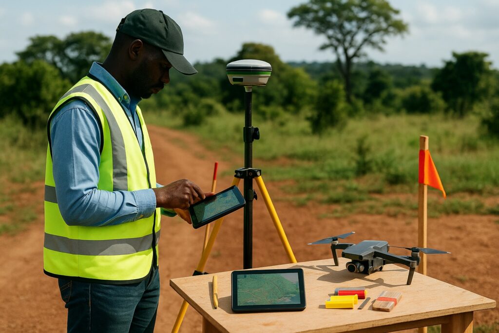 Technicien effectuant un levé GNSS et une préparation de vol de drone pour la photogrammétrie au Burkina Faso